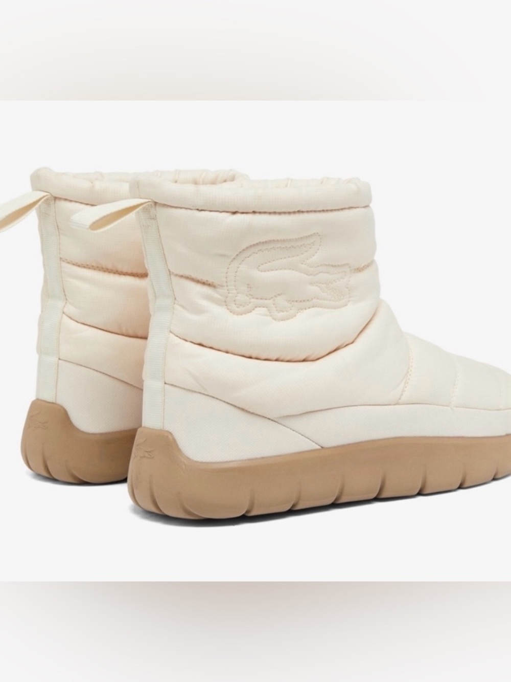 Lacoste Puffer Ankle Booties in Cream and Tan